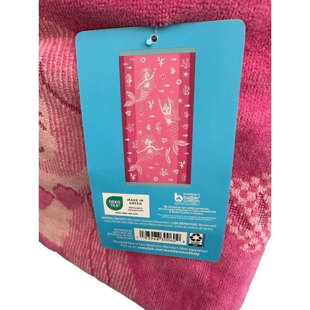 NWT Member's Mark Beach Towel 30x60 Girl’s Cotton Mermaid Pink